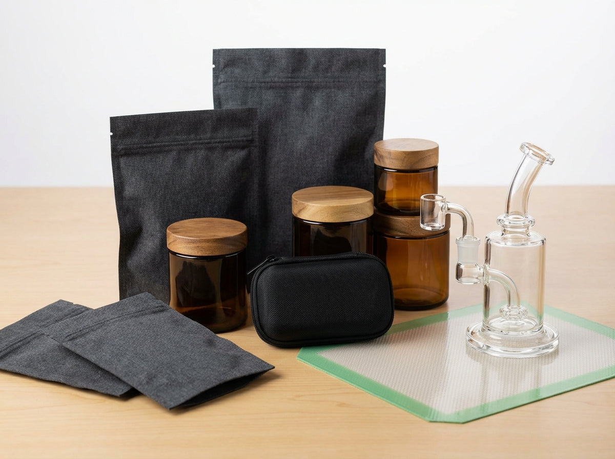 Close-up of various smell-proof bags, glass jars, and tech storage on a desk next to a dab rig and silicone dab mat