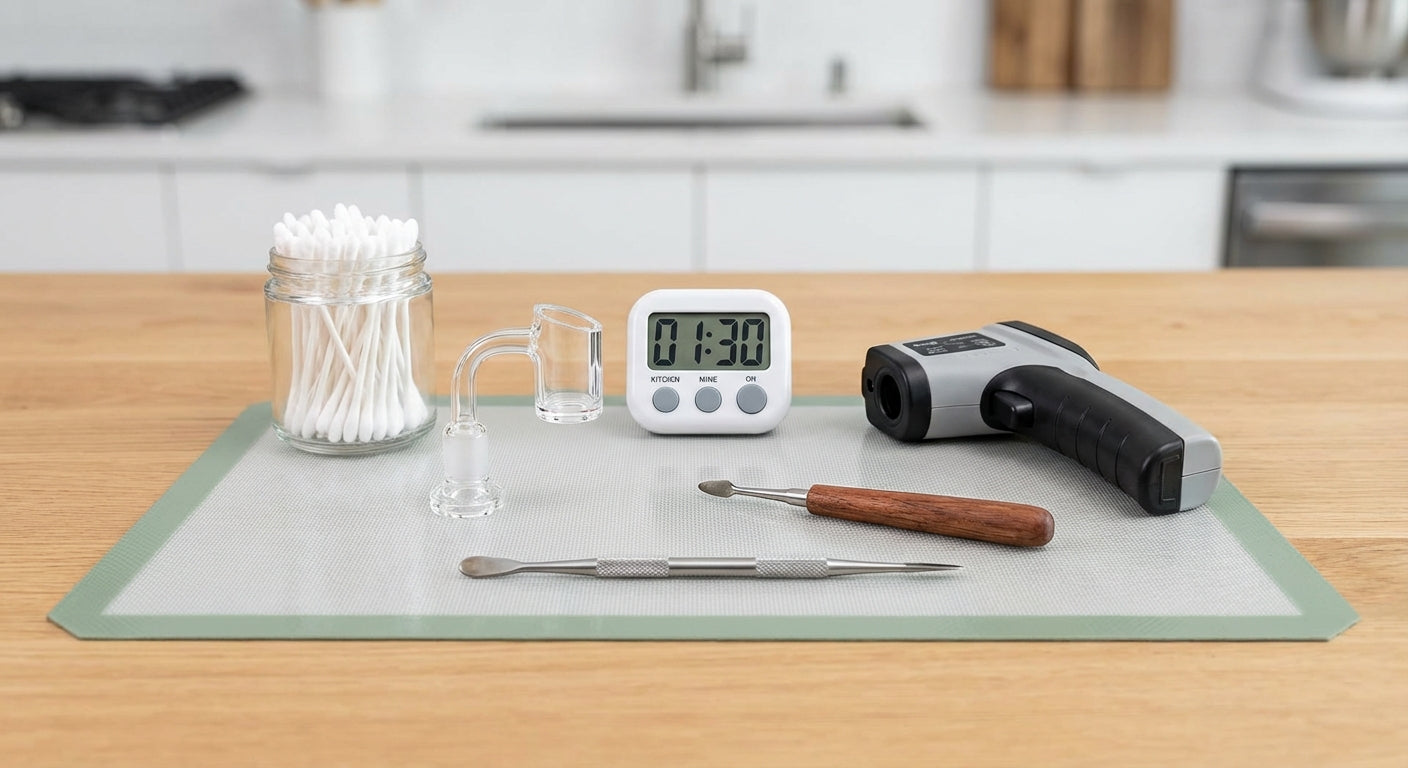 A clean dab station with a quartz banger, timer, IR thermometer, dab tool, q-tips, and a silicone dab mat