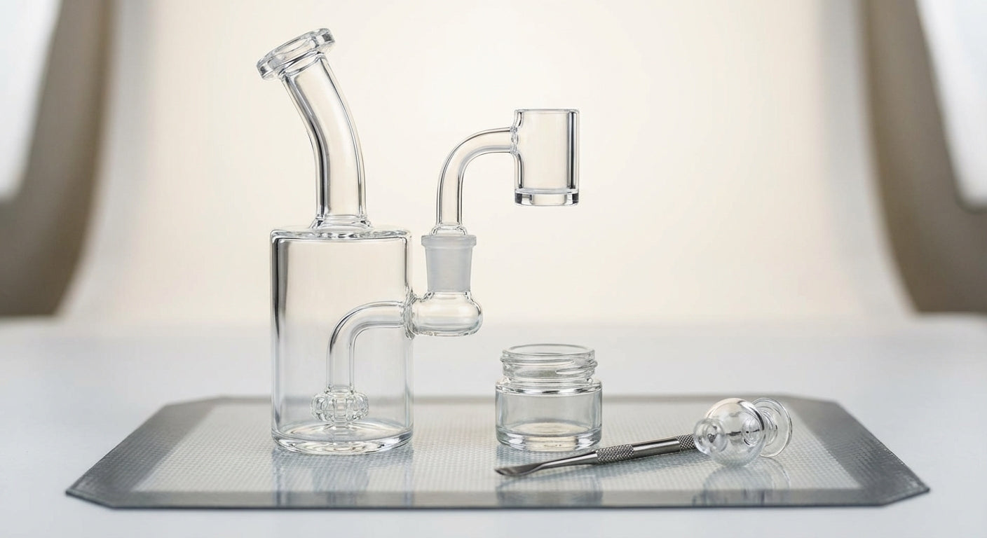 Close-up of a simple beginner dab rig set up on a silicone dab mat with tools neatly arranged