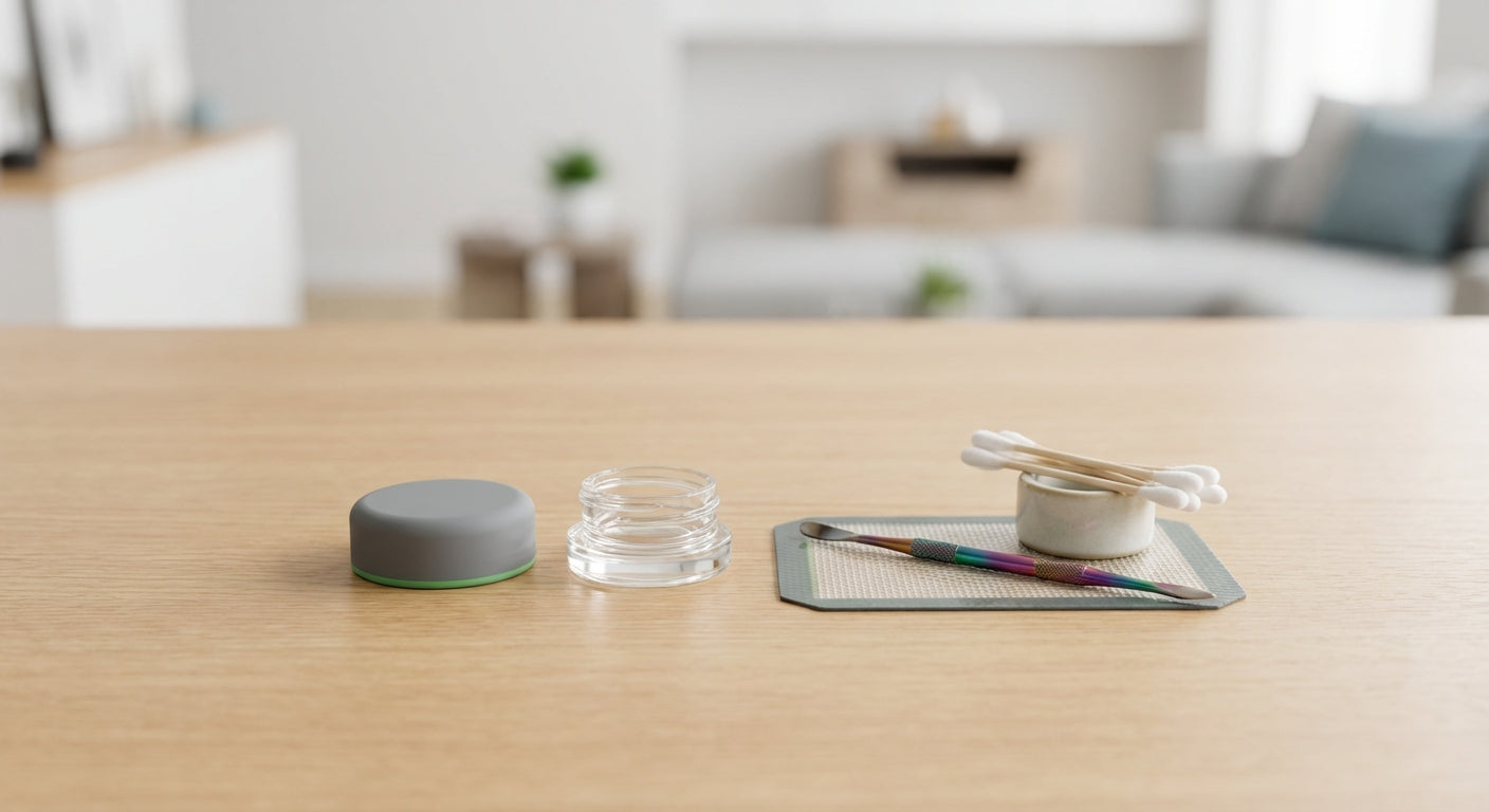 Silicone puck next to a 5 ml glass jar on a dab station with a dab tool and cotton swabs