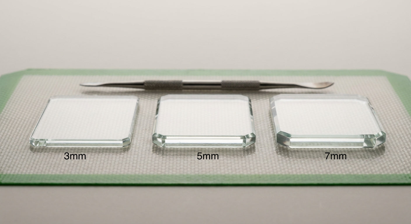 Close-up photo  3mm, 5mm, 7mm glass edges side-by-side