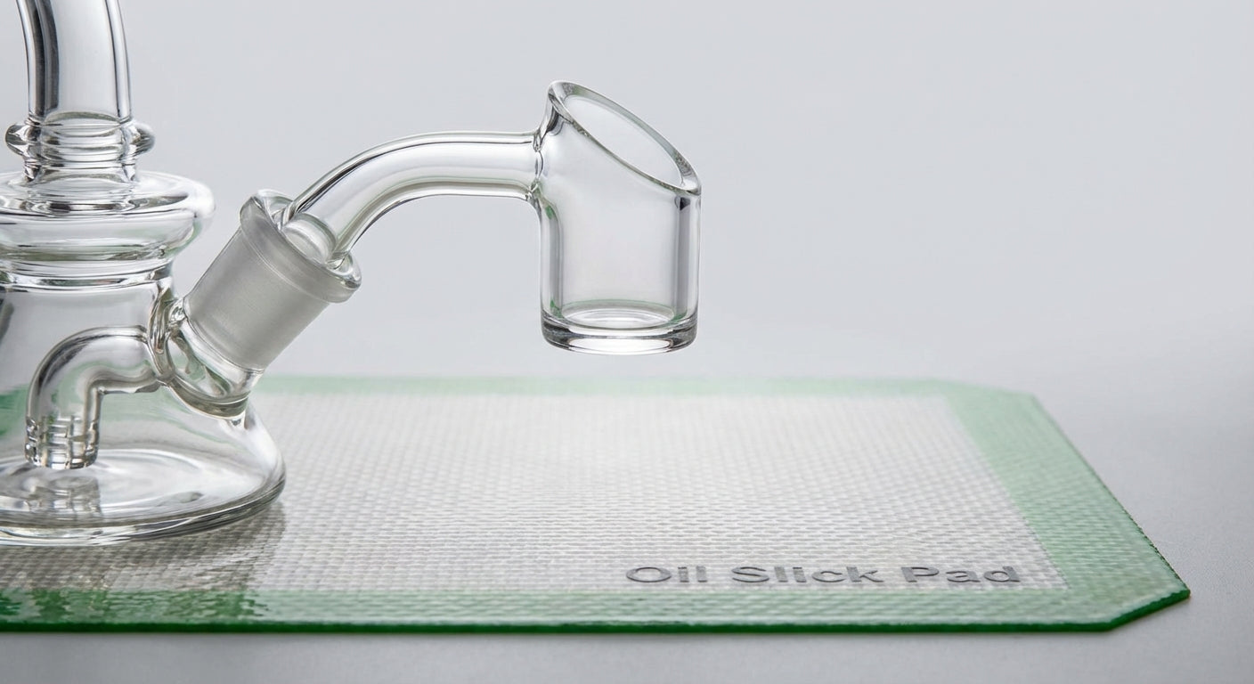 Close-up of a perfectly clean, clear quartz banger on a dab rig sitting on an Oil Slick Pad silicone mat