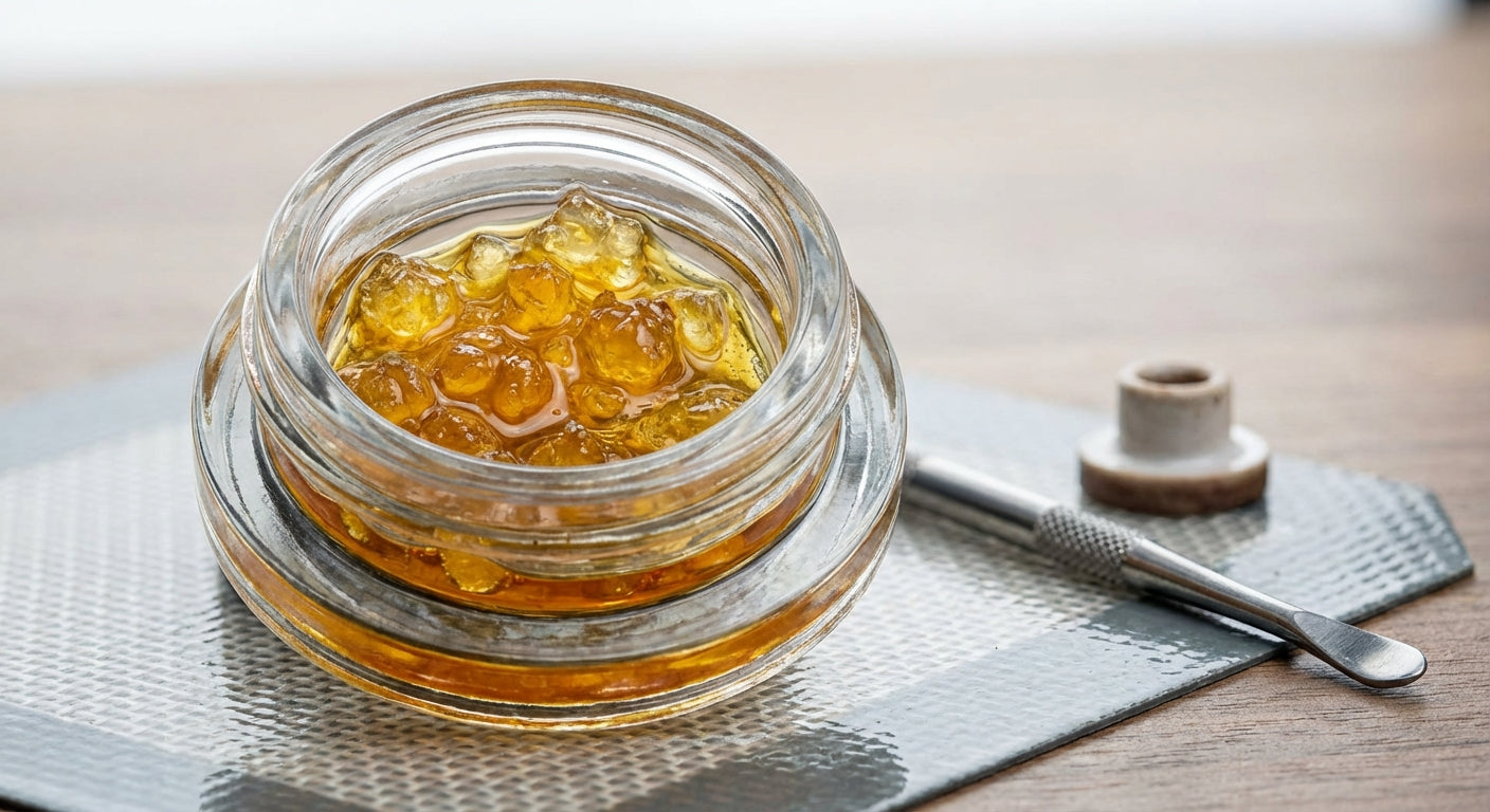 Close-up macro shot of saucy live resin with visible crystals and terpene-rich sauce in a clear glass jar on a silico...