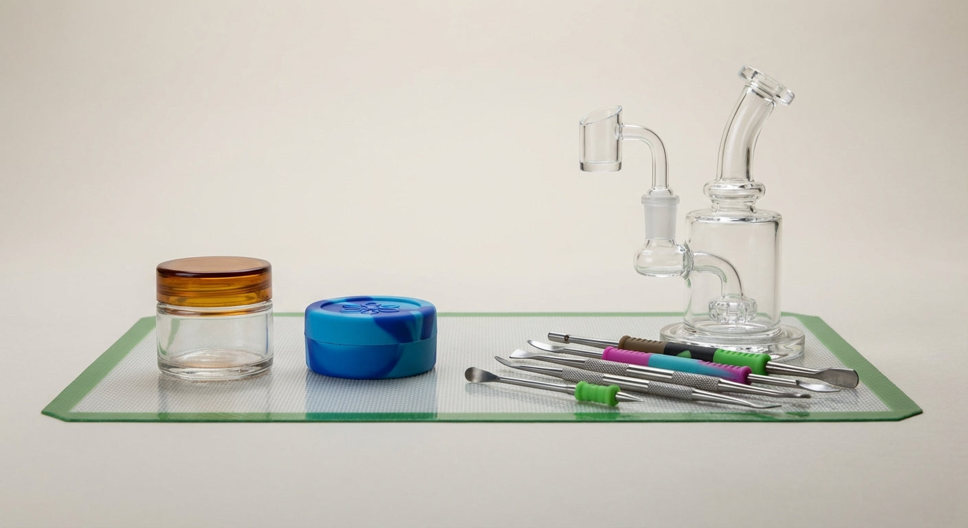 Close-up of silicone and glass dab containers on a silicone dab mat with tools and a small dab rig