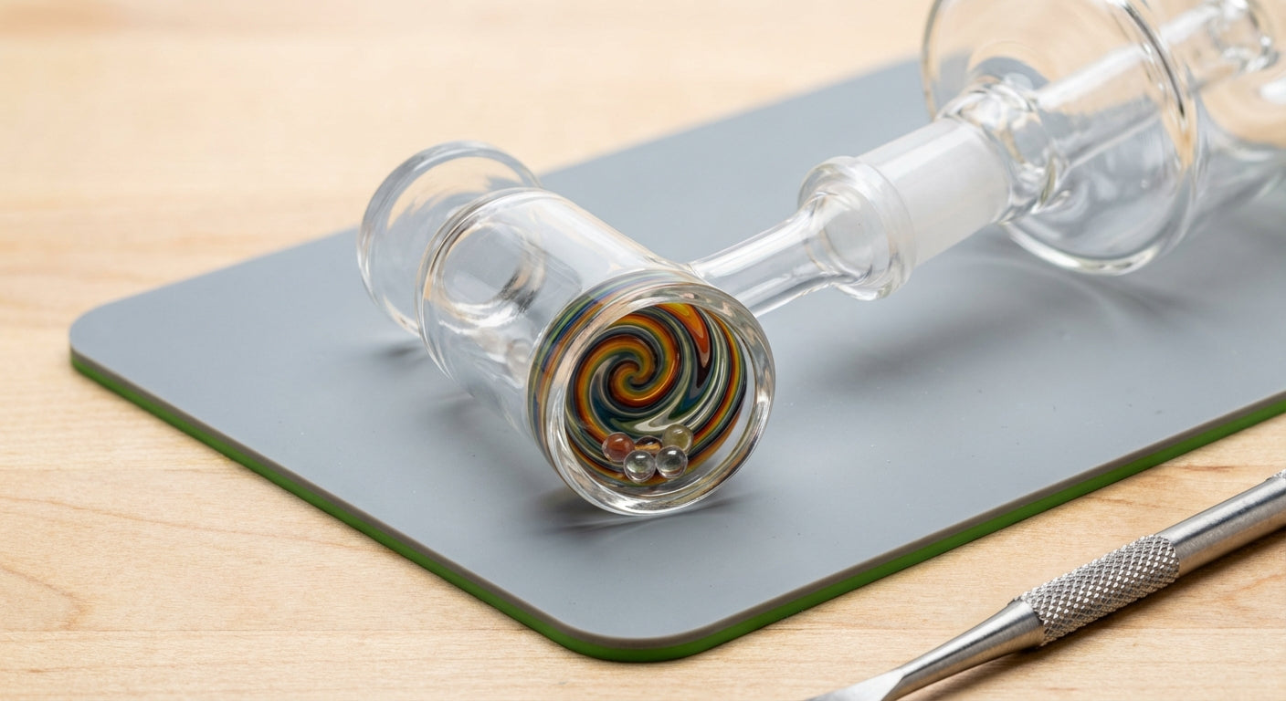 Close-up of a directional carb cap spinning pearls in a quartz banger on a dab rig