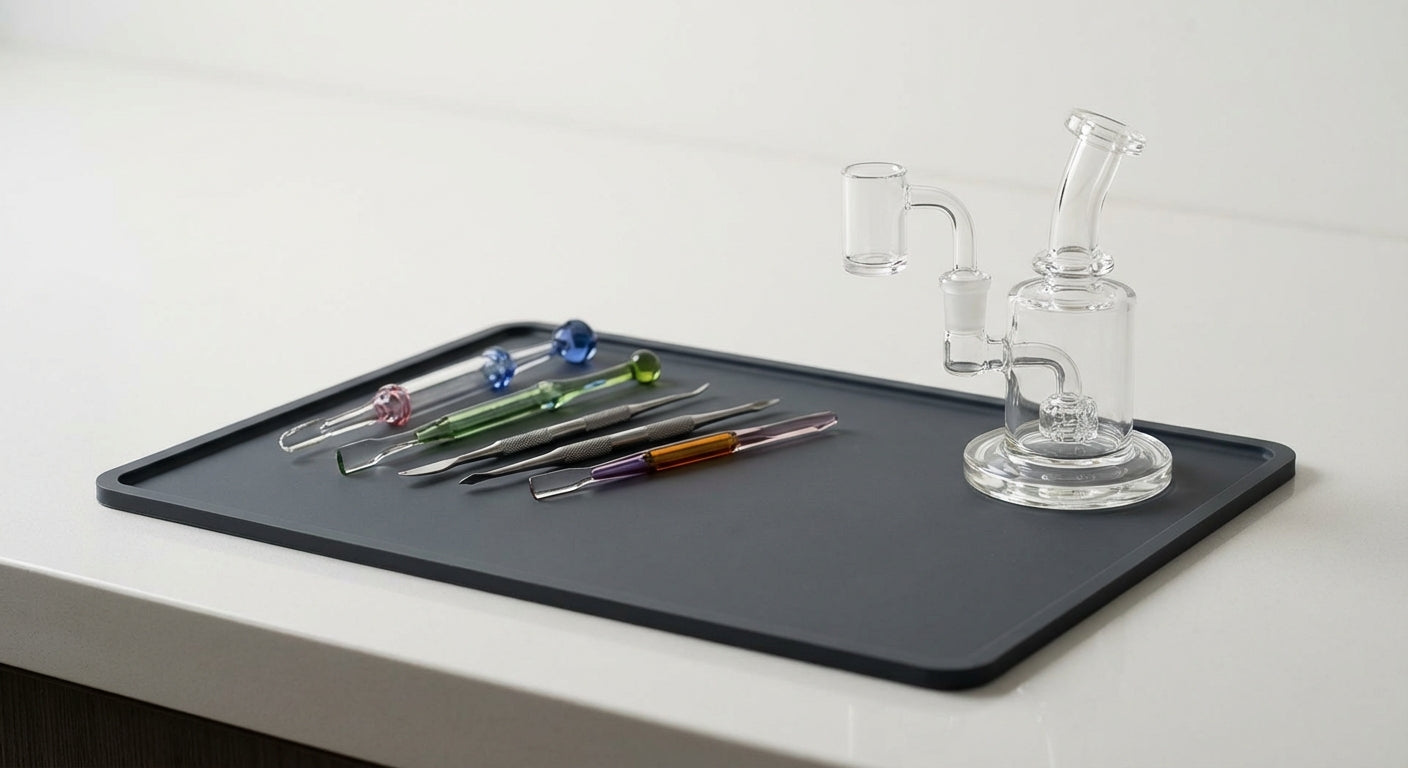 close-up shot of a silicone dab mat holding glass tools and a small rig