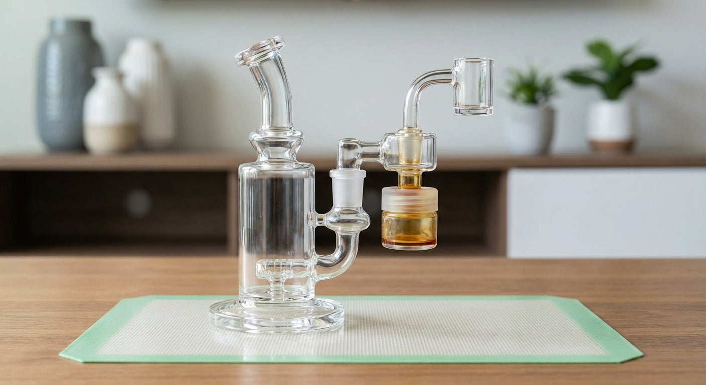 A reclaim catcher installed between a rig and quartz banger,  joint orientation and jar chamber