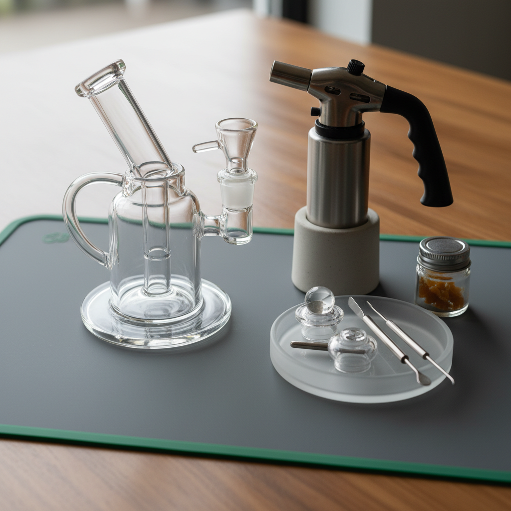 A tidy dab station with a rig on a silicone dab mat, torch parked safely, carb cap and tools laid out