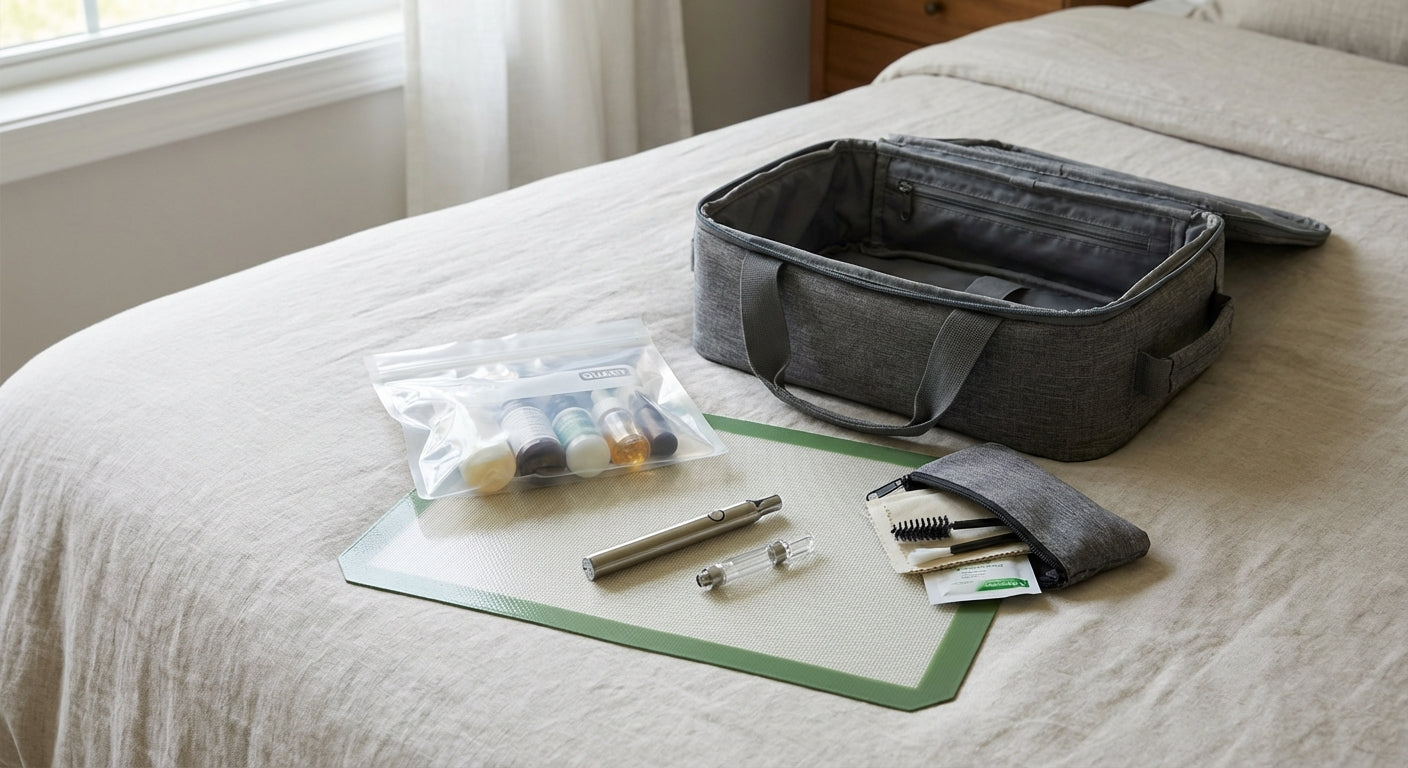 A carry-on bag on a bed with a dab pen battery, empty cart, quart-size liquids bag, and small cleaning kit laid out n...