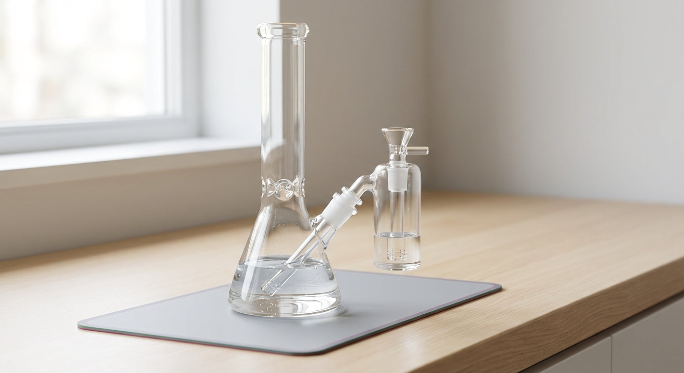 A clean bong with an ash catcher attached,  joint angle and water level