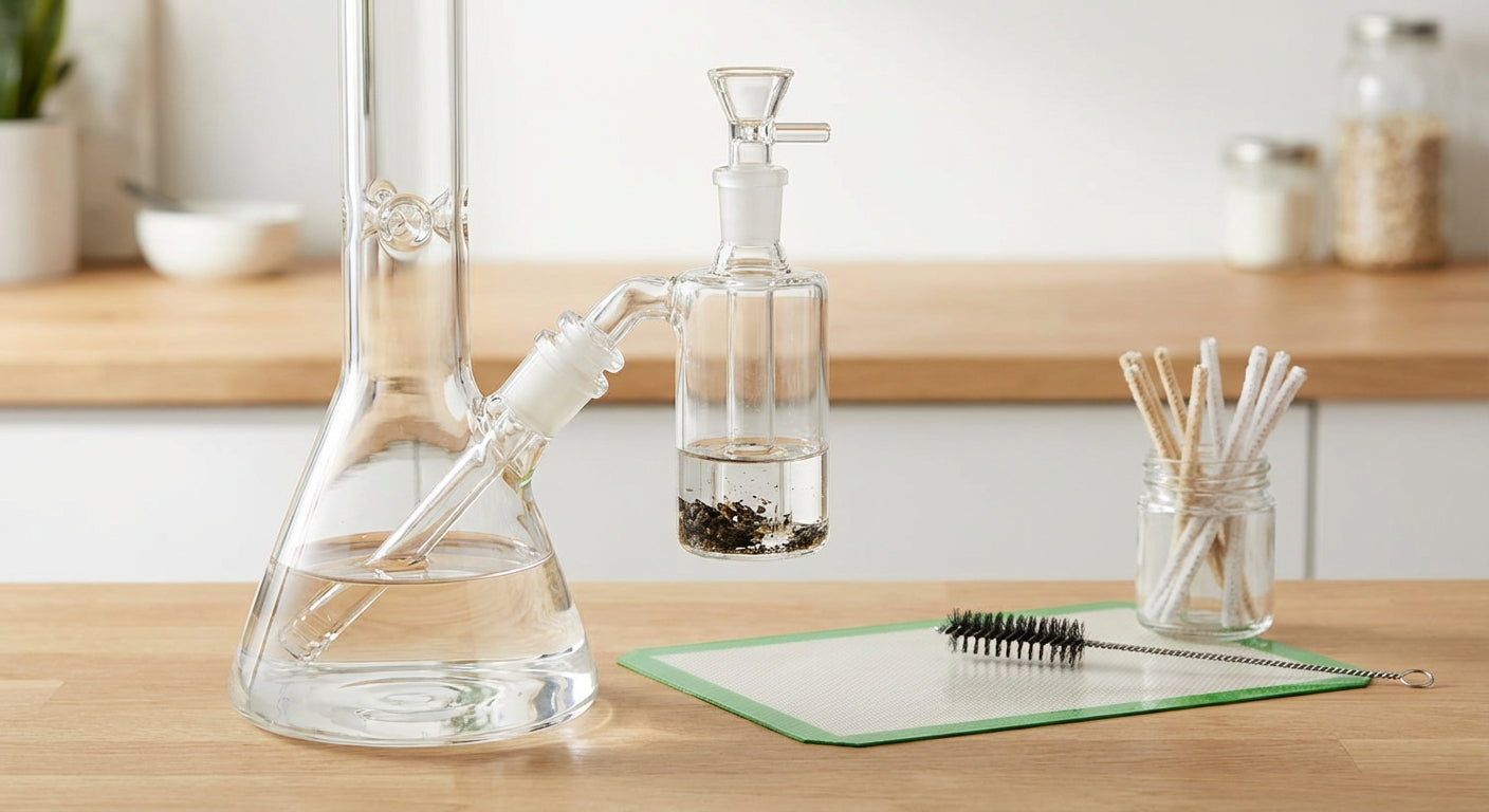 A clean bong with an ash catcher attached,  the ash catcher chamber collecting debris