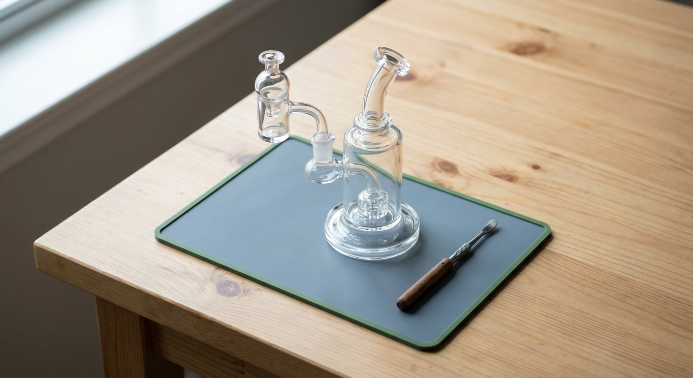 A clean dab rig setup on a silicone mat with a quartz banger, carb cap, and dab tool arranged neatly on a wooden surface