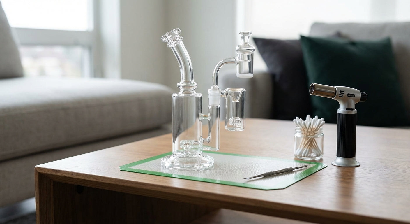 A clean dab rig setup  a reclaim catcher between the banger and rig