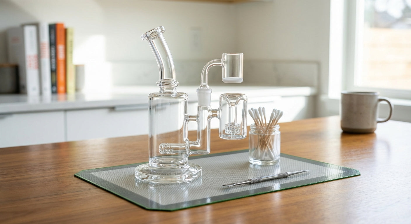 A clean dab rig setup with a reclaim catcher installed between joint and banger on a silicone mat