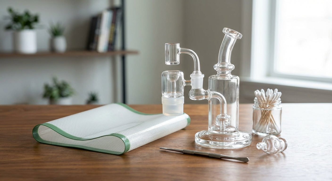 A clean dab rig setup with a reclaim catcher installed between the banger and rig