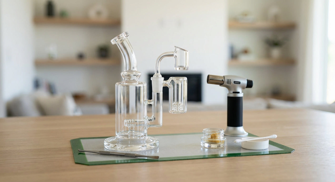 A clean dab rig setup with a reclaim catcher installed between the banger and the rig