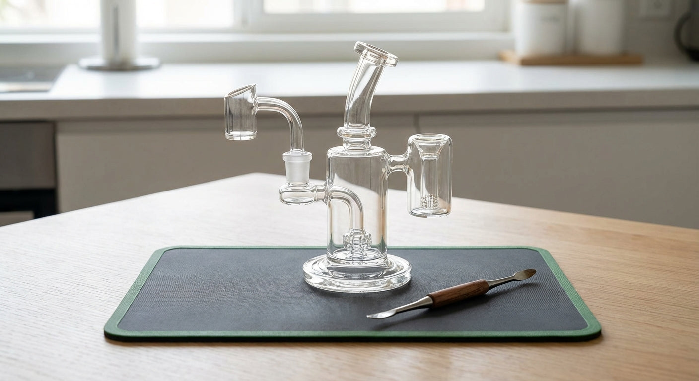 A clean dab rig setup with a reclaim catcher, silicone mat, and dab tool laid out neatly