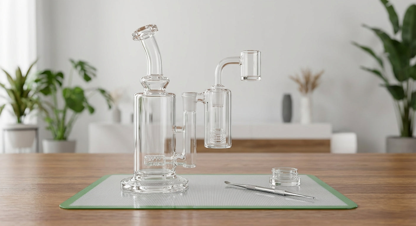 A clean dab rig with a glass reclaim catcher installed between the rig and banger