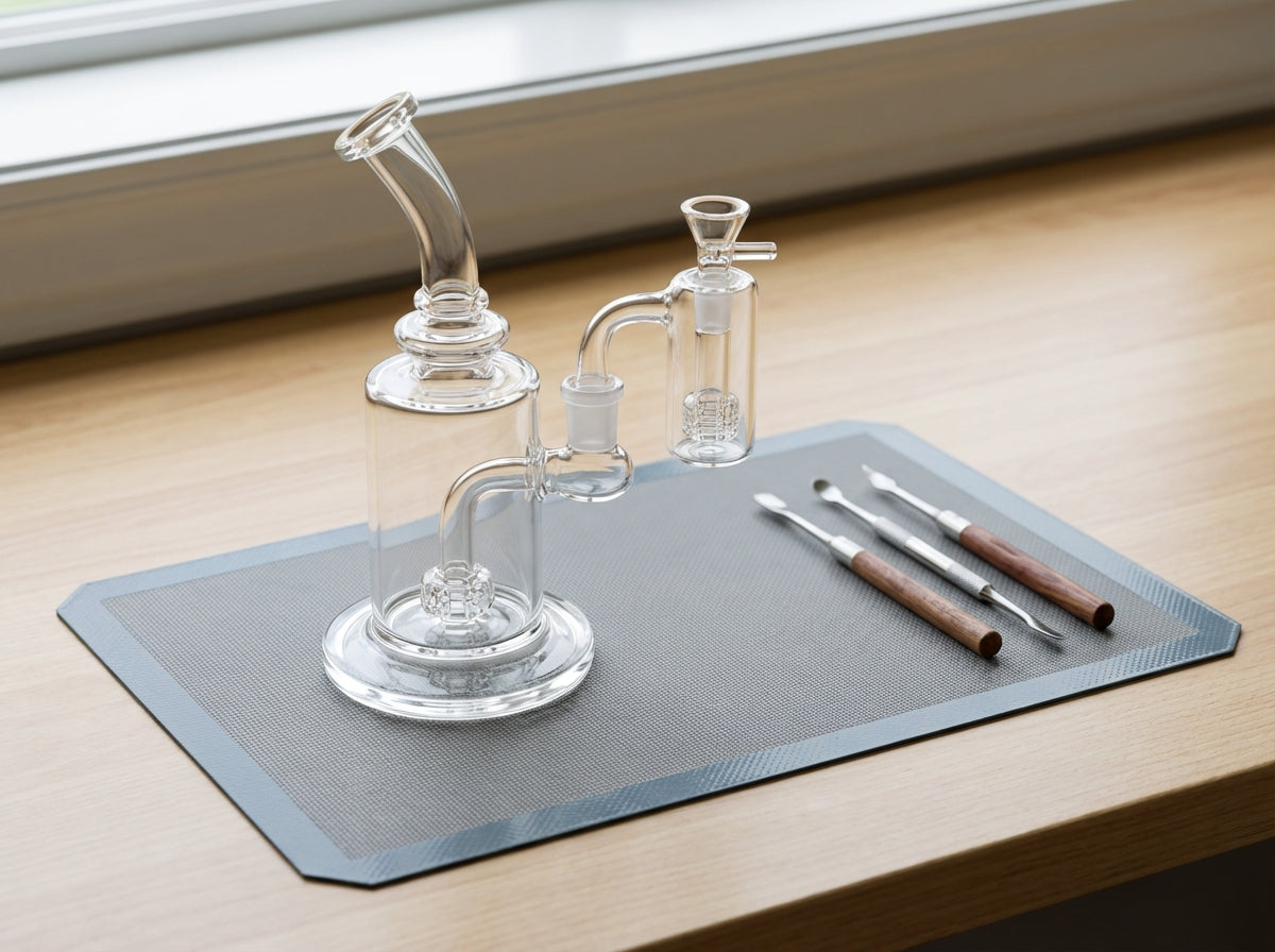 A clean dab rig with a reclaim catcher installed, plus a silicone mat and dab tools laid out neatly