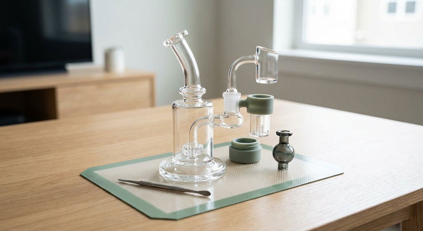 A clean dab rig with a reclaim collector attached between the banger and joint