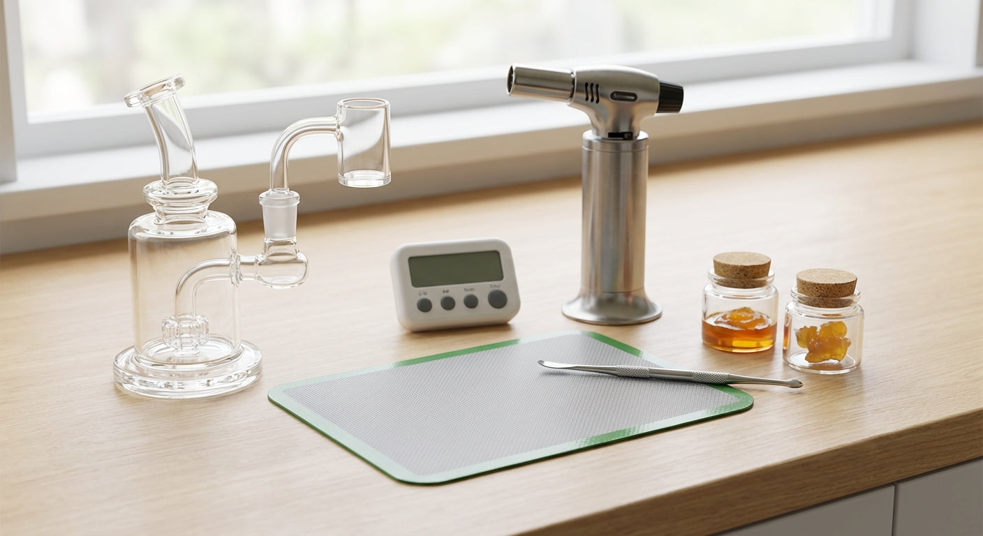 A clean dab station with a quartz banger, torch, timer, silicone mat, dab tool, and a couple of glass jars