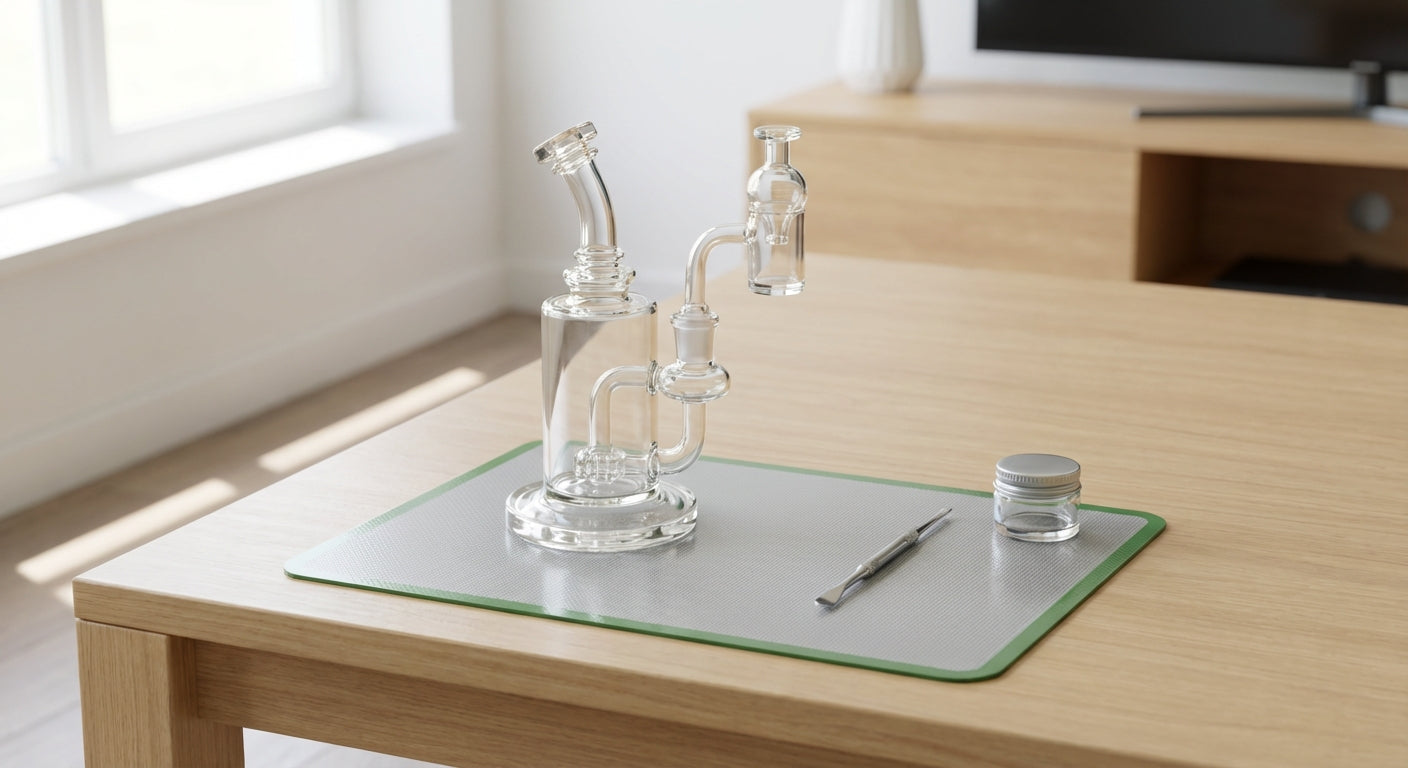 A clean dab station with a rig, quartz banger, carb cap, dab tool, and silicone mat on a tidy table