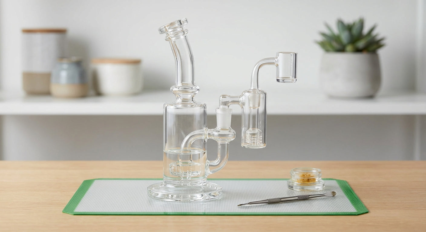 A clean glass rig with a reclaim catcher installed, shown on a silicone dab mat
