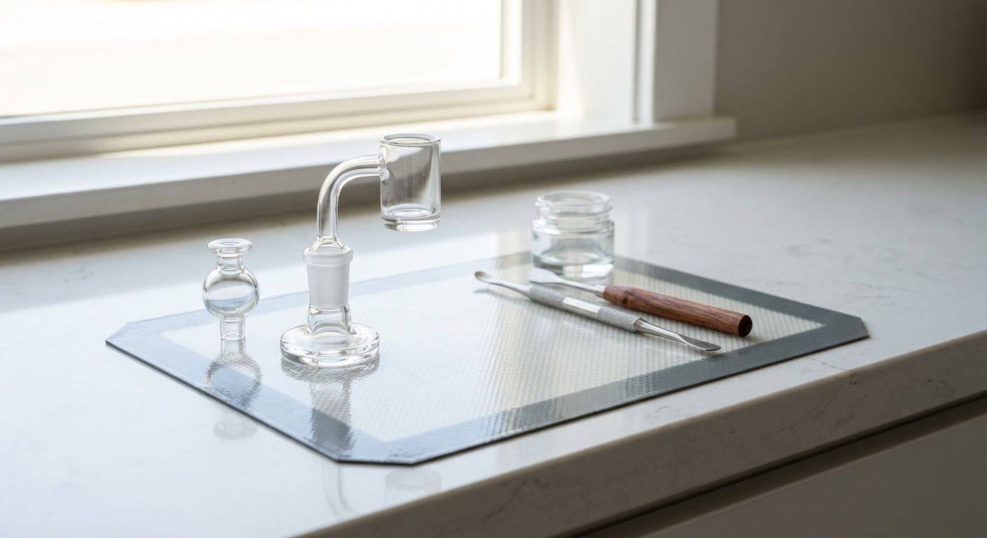 A clean modern dab station setup with a quartz banger, silicone dab mat, carb cap, and dab tools arranged on a counte...