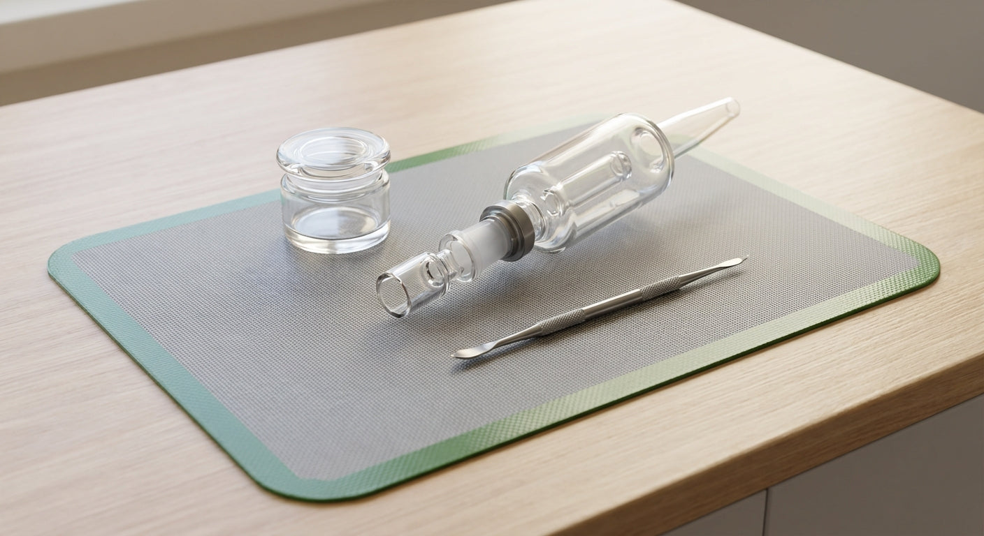 A clean nectar collector setup on a silicone dab pad with a small glass jar and dab tool nearby
