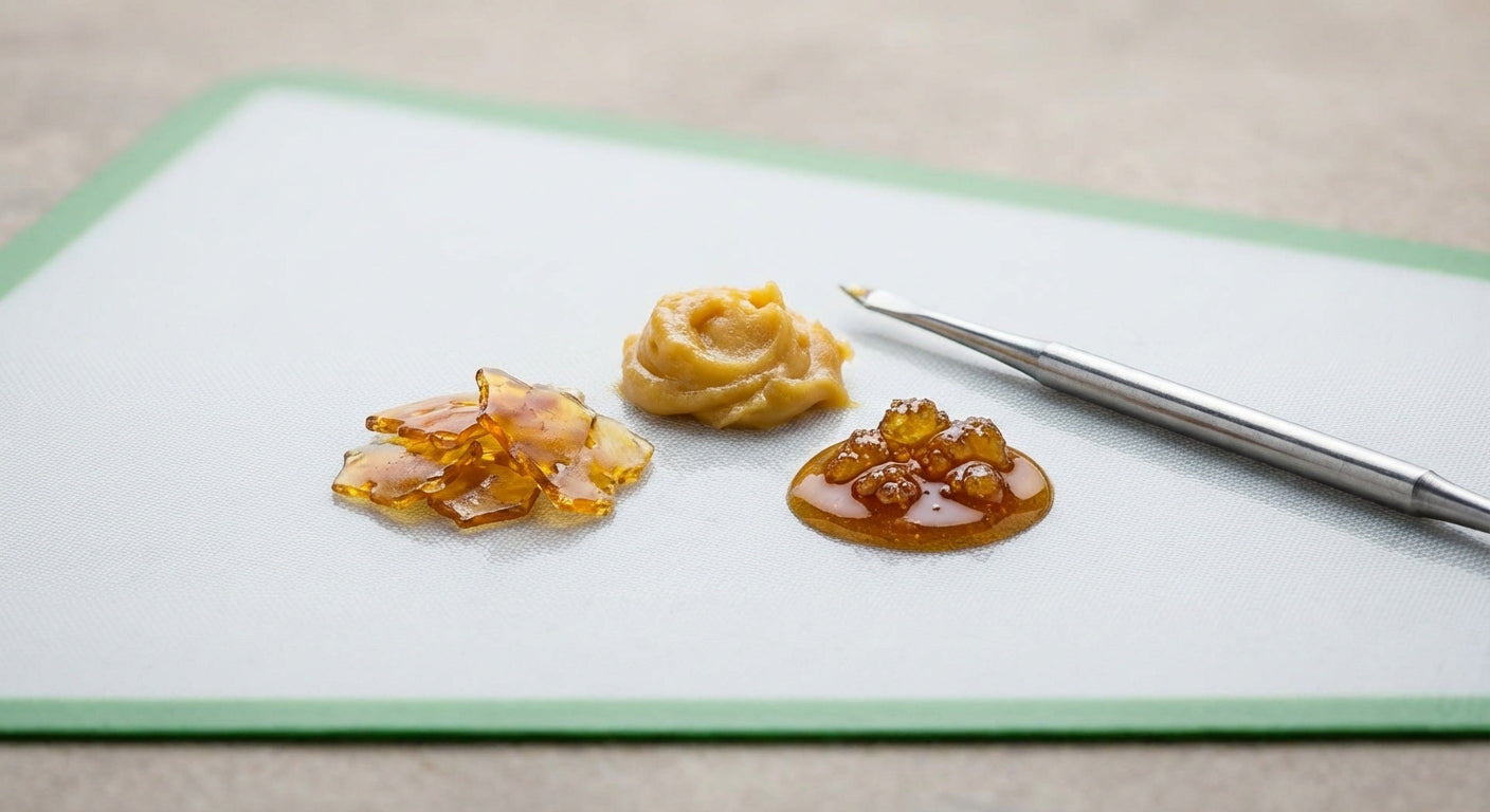 A close-up of different concentrate textures (shatter, budder, sauce) on a clean silicone mat with a dab tool for scale