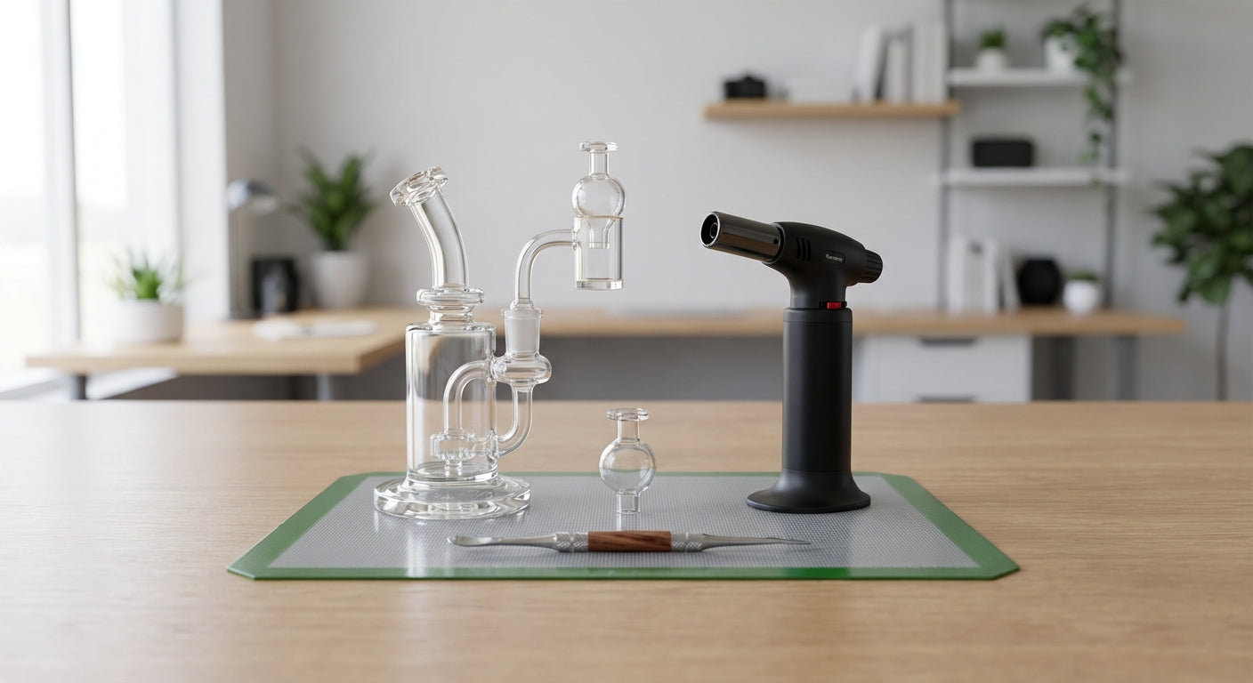 A complete dabbing setup on a silicone dab pad,  a dab rig, quartz banger, carb cap, dab tool, and torch arranged nea...