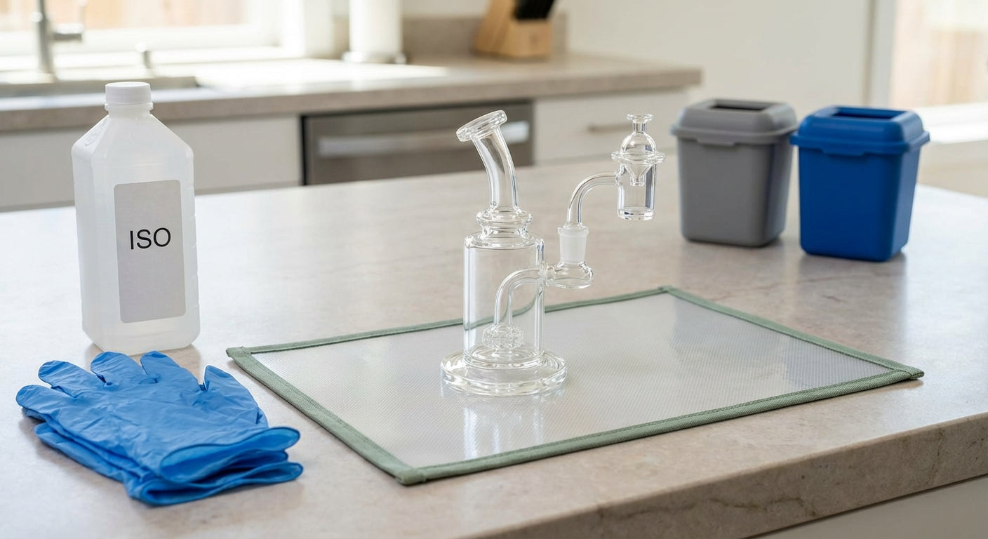 A countertop with a dab rig, silicone mat, ISO, gloves, and labeled recycling bins
