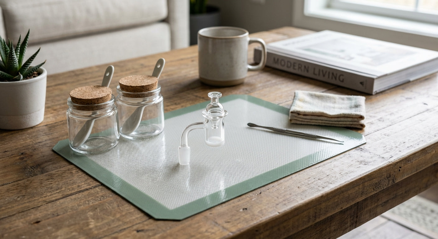 A cozy coffee-table dab station with a silicone mat, quartz banger, carb cap, and a couple of glass jars