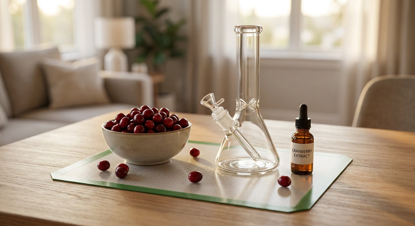 A glass bong on a silicone dab mat with a small bottle of cranberry extract and fresh cranberries nearby, warm natura...