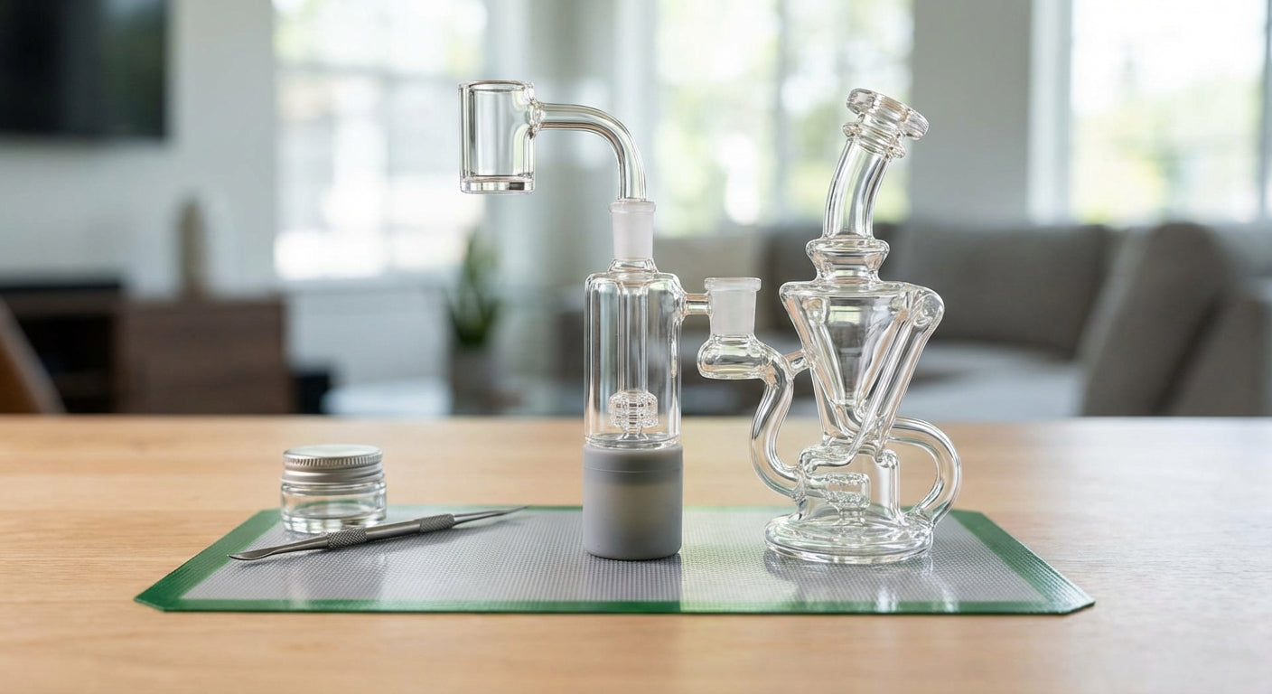 A glass reclaim catcher installed between a quartz banger and a small recycler dab rig