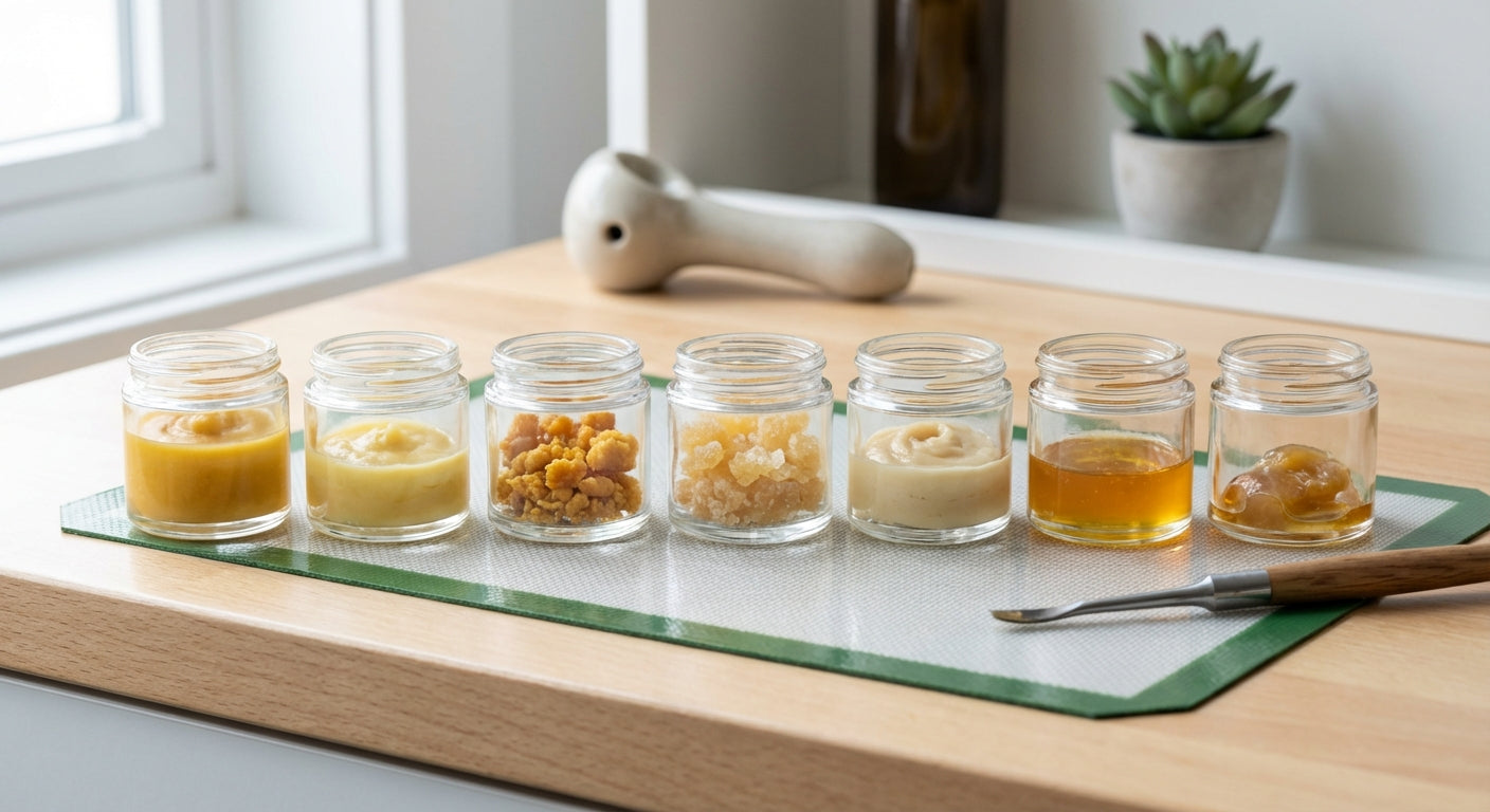 A lineup of concentrate jars labeled wax, budder, crumble, sugar, badder, live resin, rosin