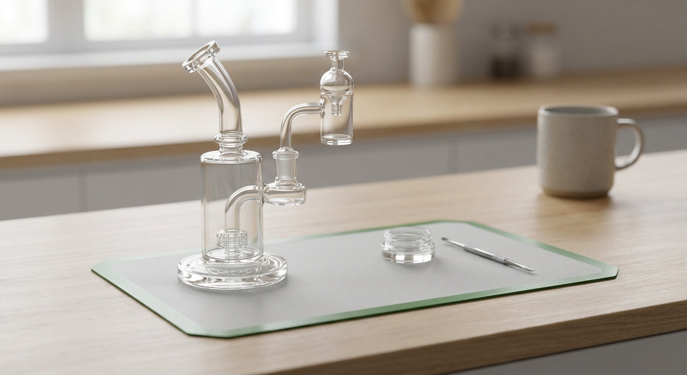 A modern dab rig setup on a silicone dab pad with quartz banger and carb cap, clean and minimal aesthetic