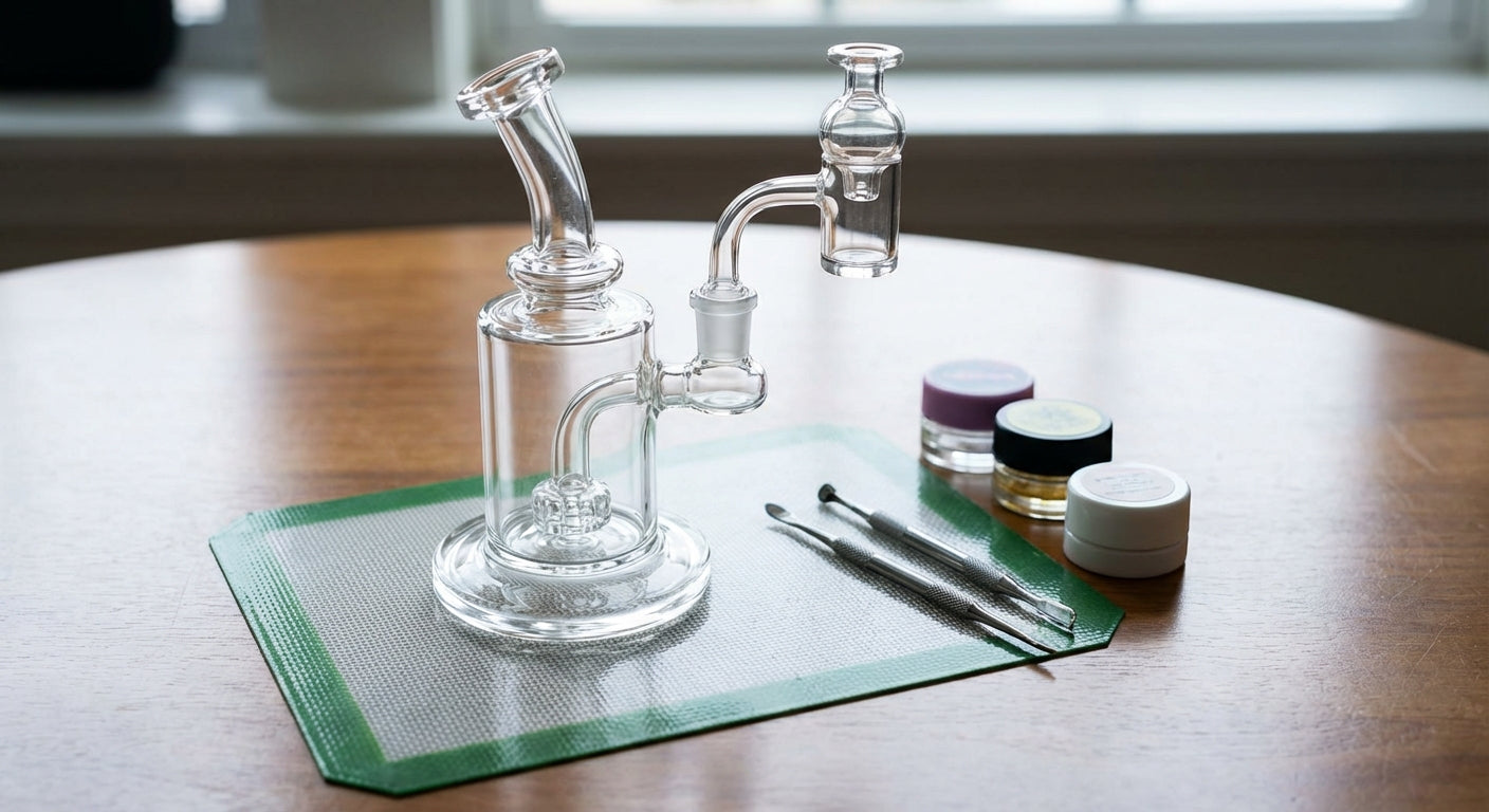 A modern glass dab rig setup on a silicone dab mat with dab tools and concentrate containers arranged neatly on a woo...
