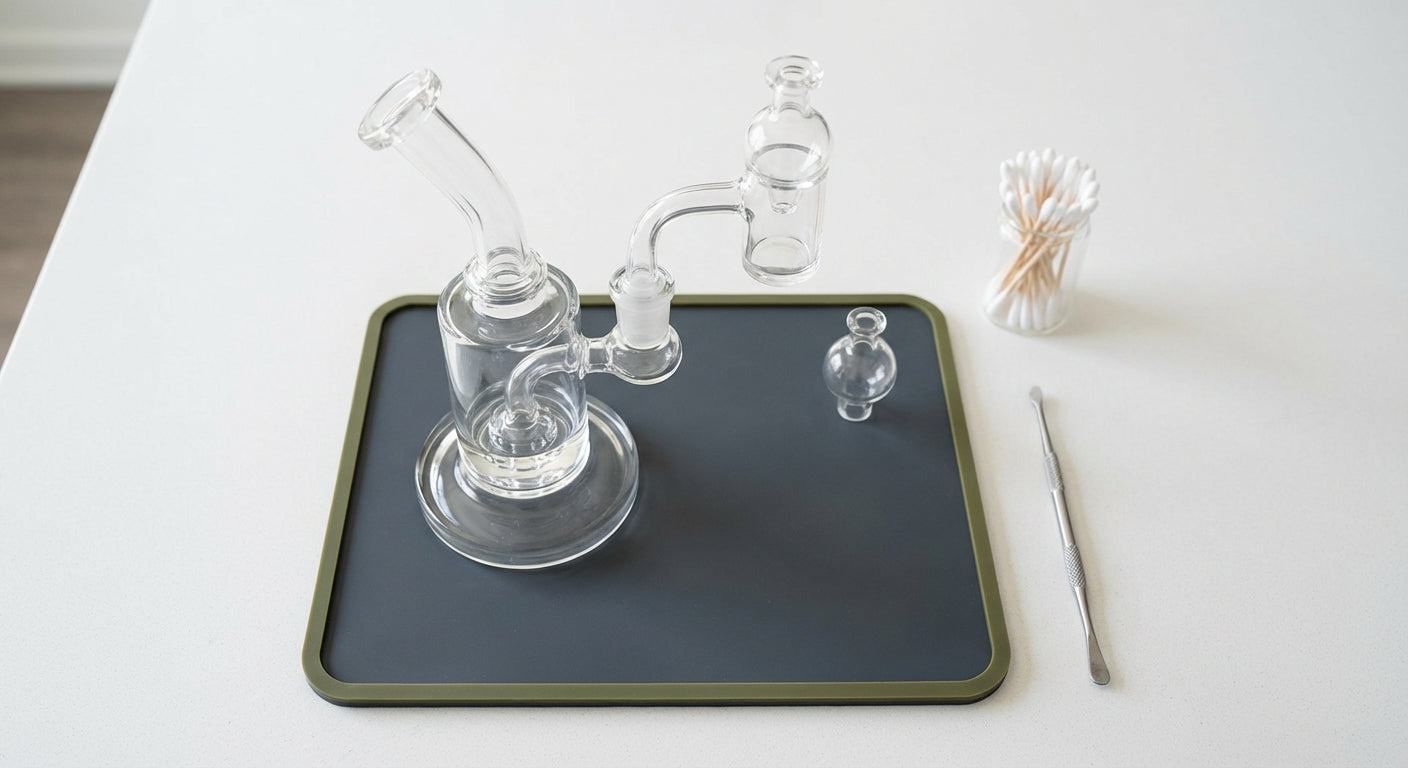 A modern minimalist dab rig setup on a silicone dab pad with quartz banger and carb cap, photographed from above on a...