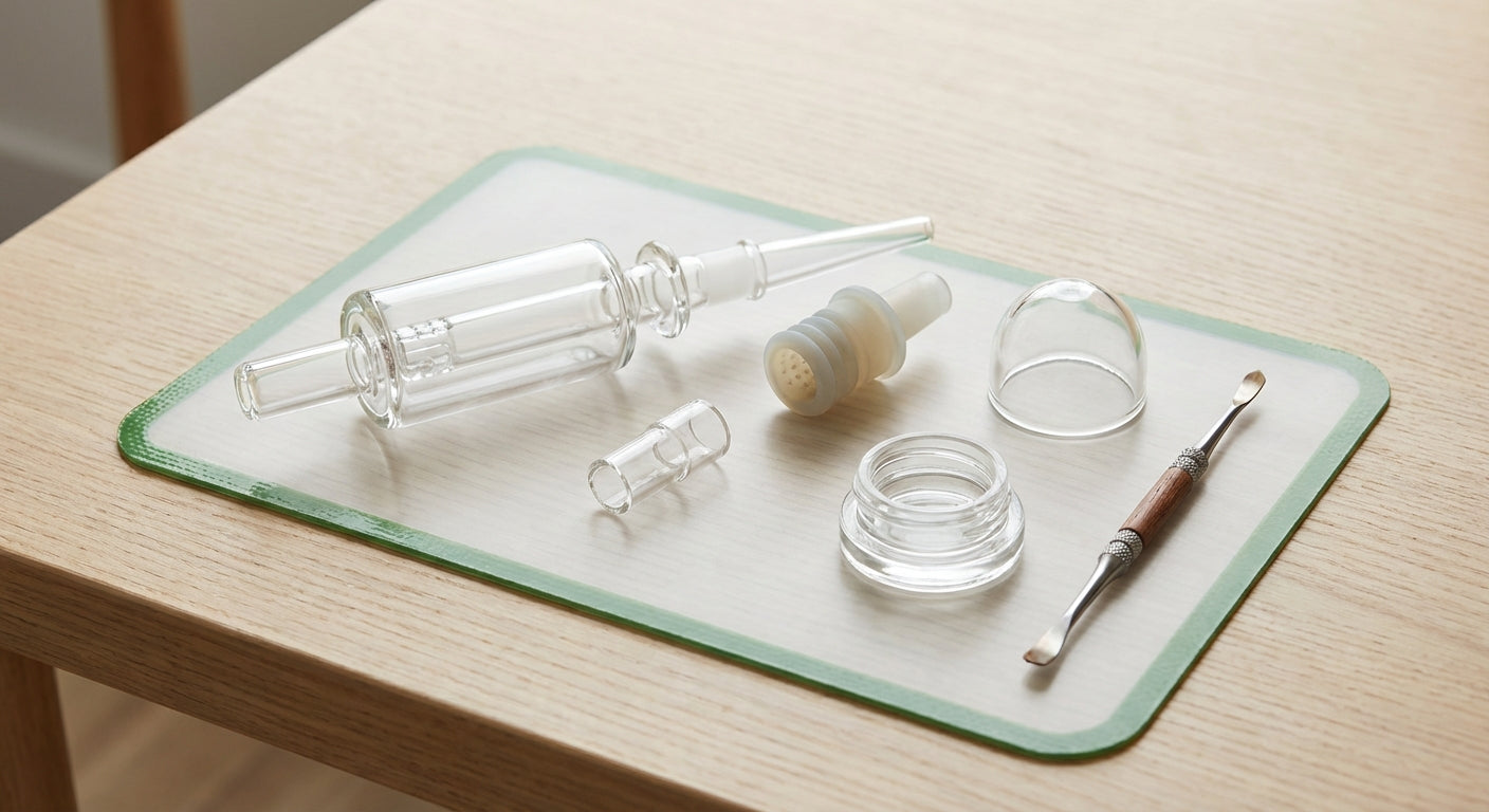 A nectar collector setup with water attachment, diffuser, and splash guard laid out on a silicone dab pad