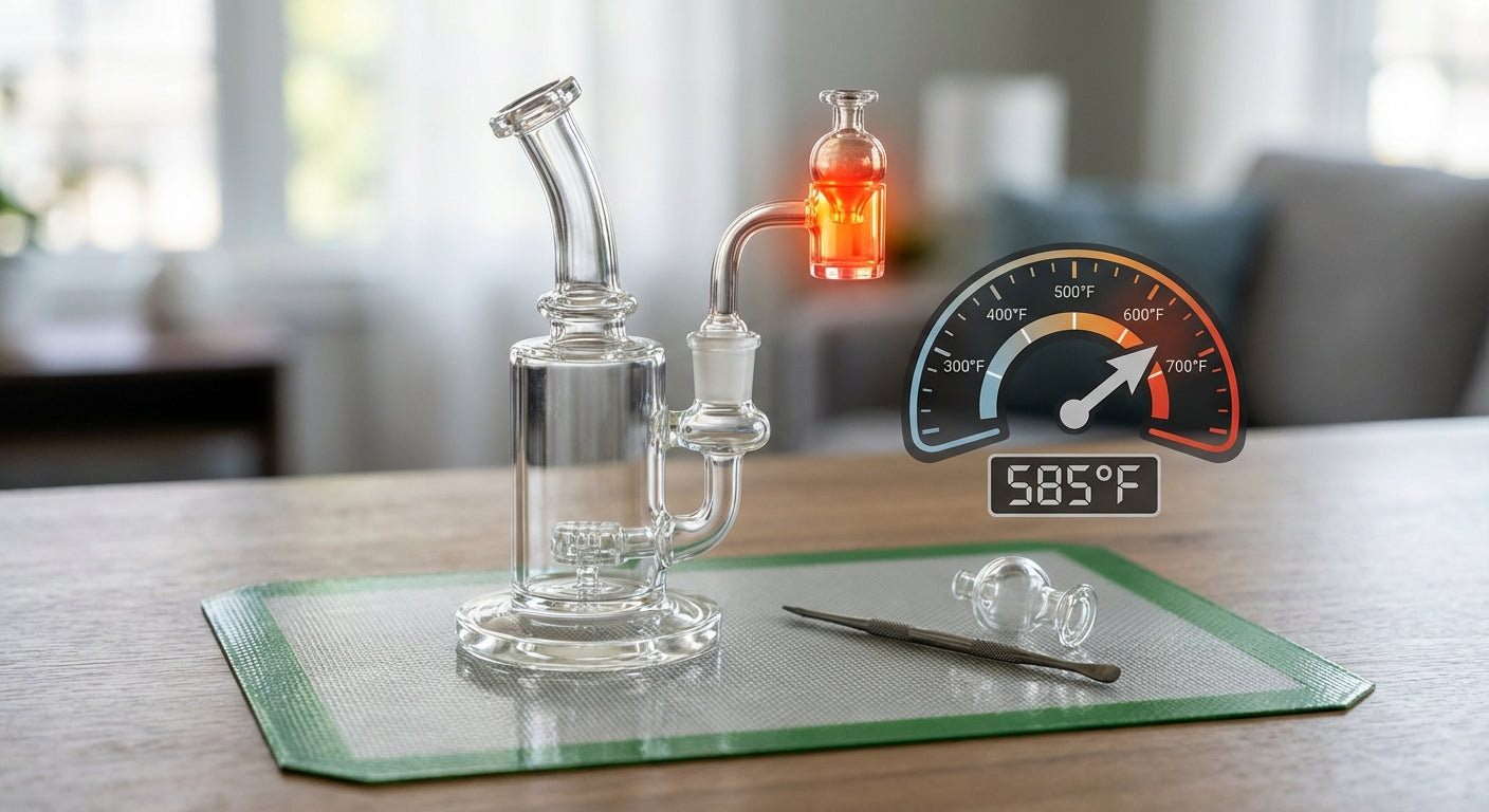 A quartz banger glowing orange-red on a dab rig, with a thermometer graphic overlay  temperature ranges from 300°F to...