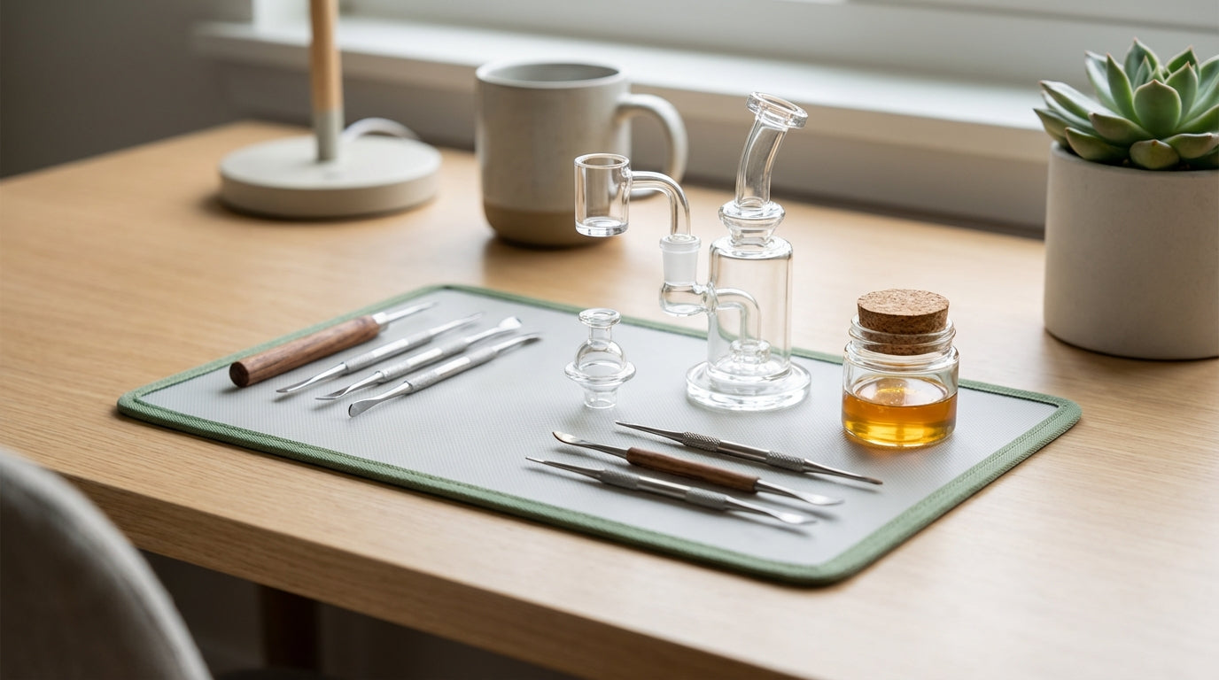 A tidy dab station on a desk with a silicone mat, quartz banger, carb cap, dab tools, and a glass jar of rosin
