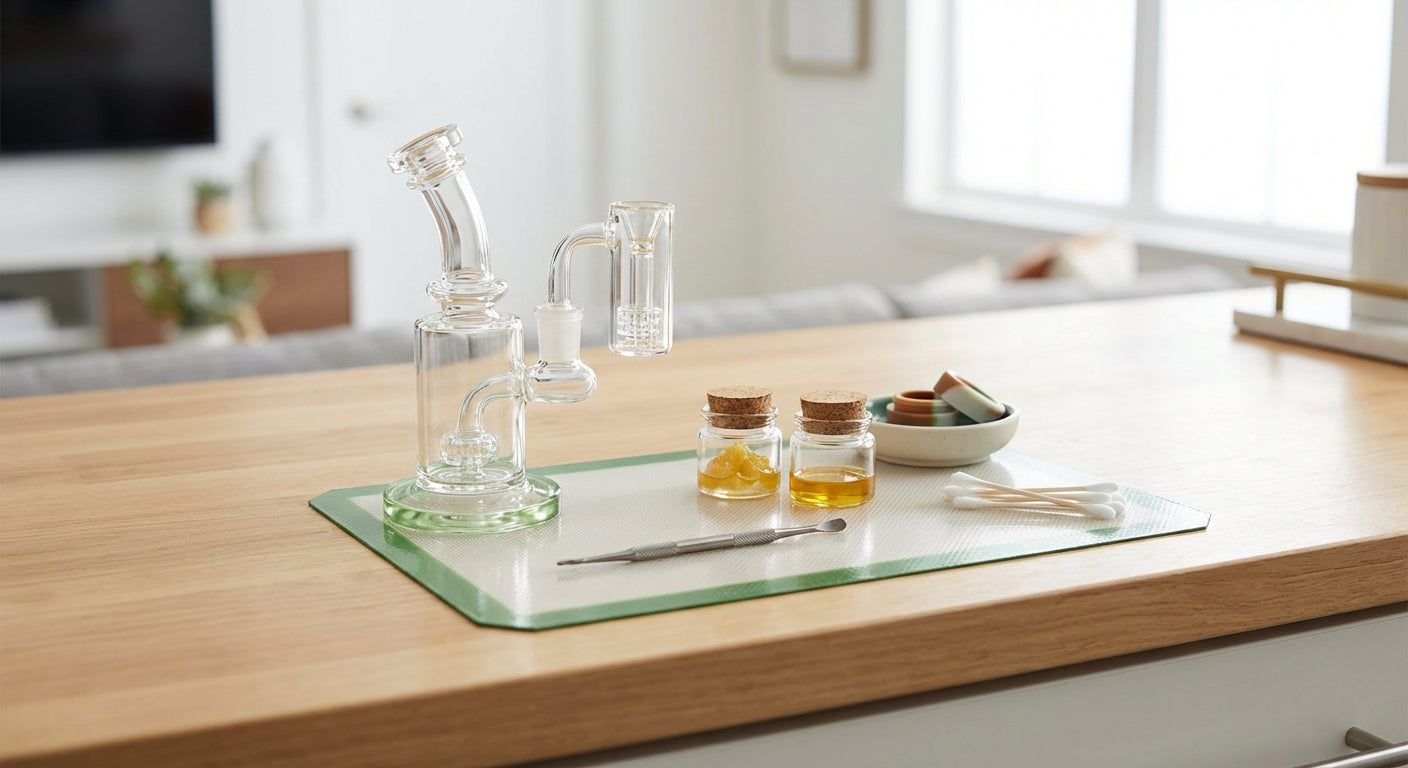 A tidy dab station with a reclaim catcher, silicone mat, and jars