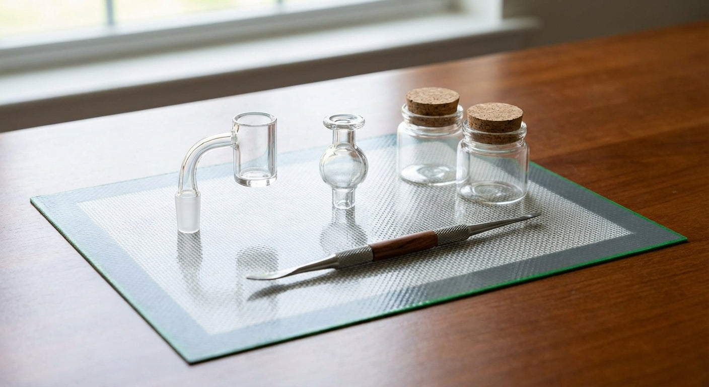 A tidy dab station with a silicone mat, quartz banger, carb cap, dab tool, and glass jars
