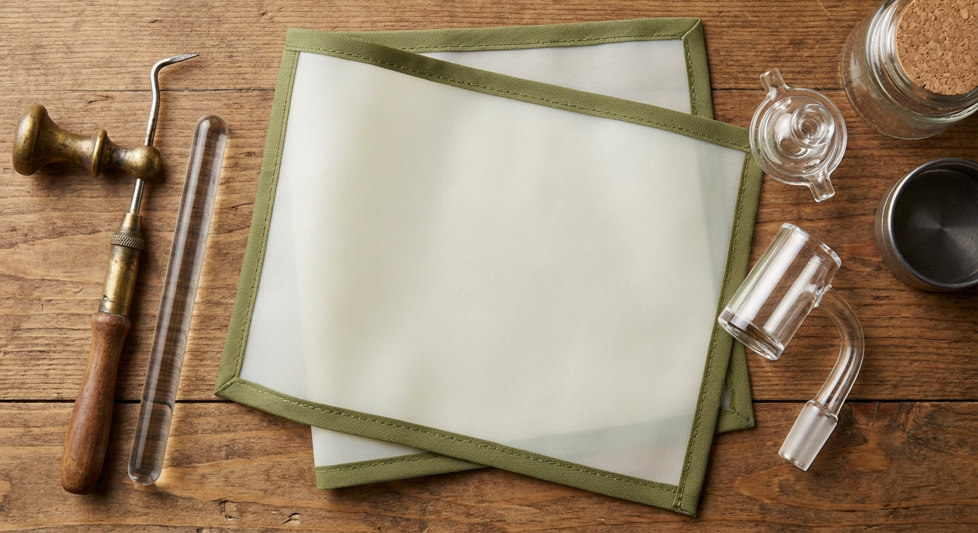 A vintage-style flat lay  old-school dabbing tools alongside modern quartz bangers, carb caps, and a silicone dab pad