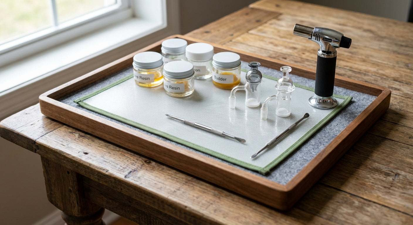 A well-organized dab station setup with concentrates, quartz bangers, and a silicone dab mat laid out on a travel-fri...