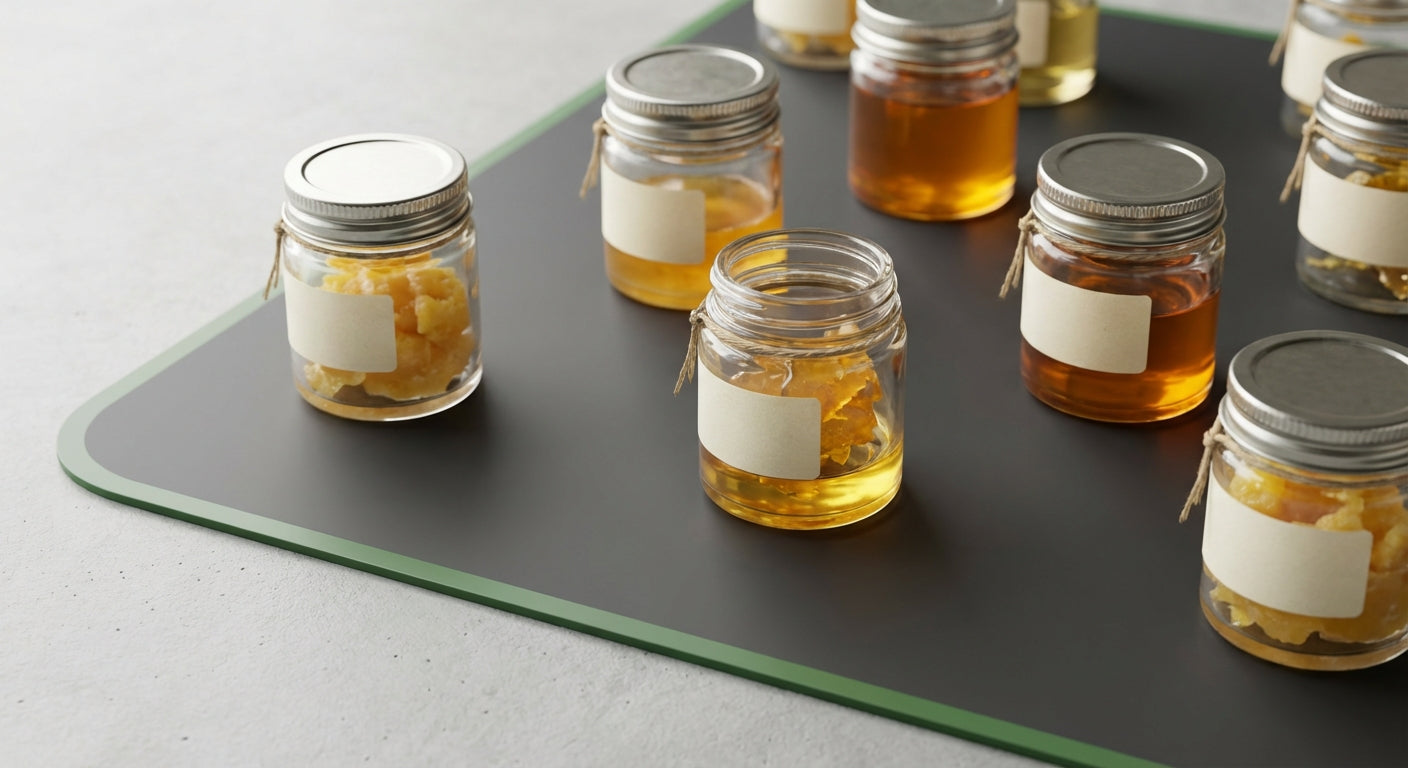 Close-up of various concentrates in small glass jars on a silicone mat, labeled by strain and date