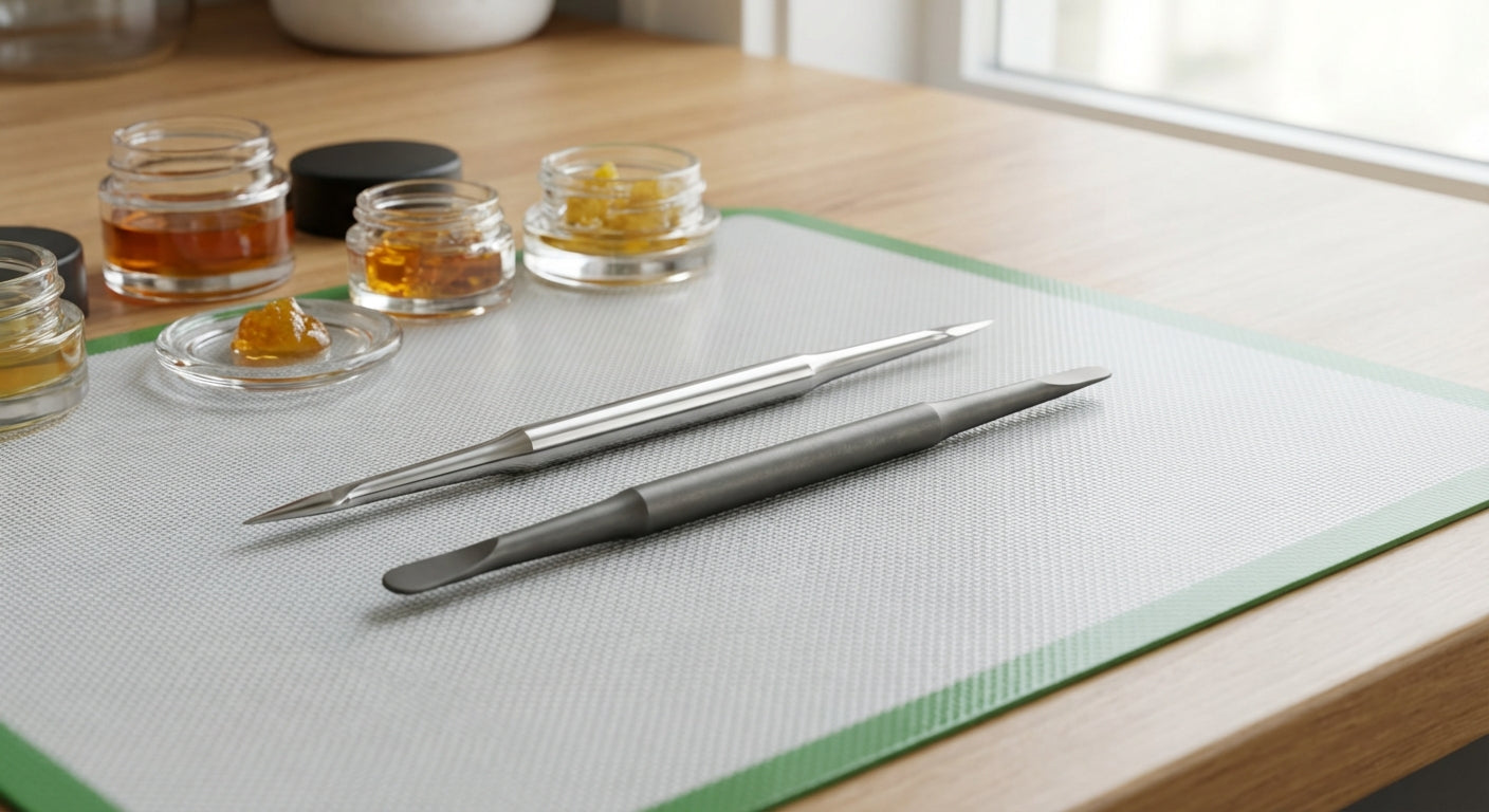 Side-by-side photo of a stainless steel dab tool and a titanium dab tool lying on a silicone dab pad, with various co...