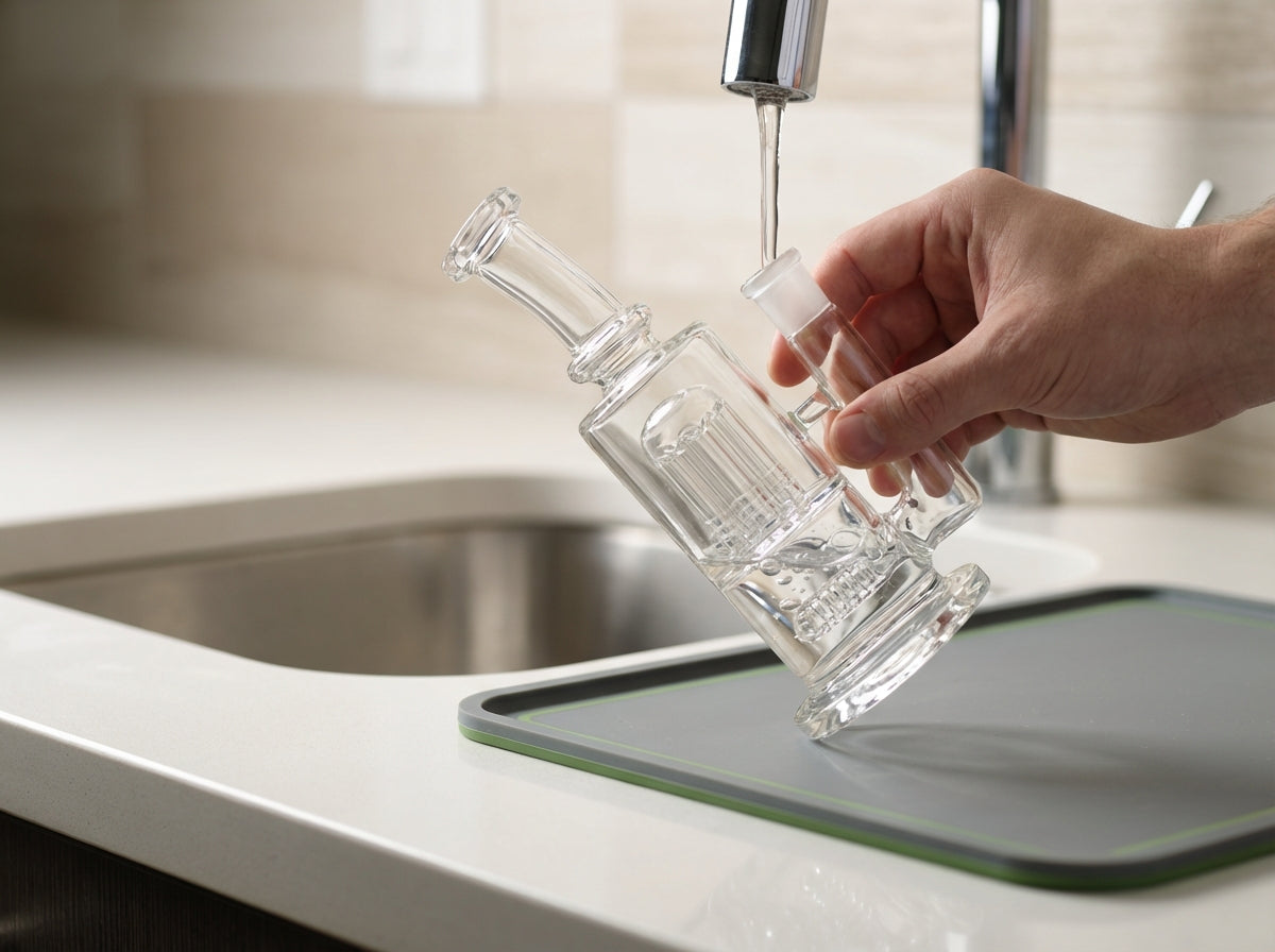 Close-up of a rig being filled at a sink, water just covering perc slits