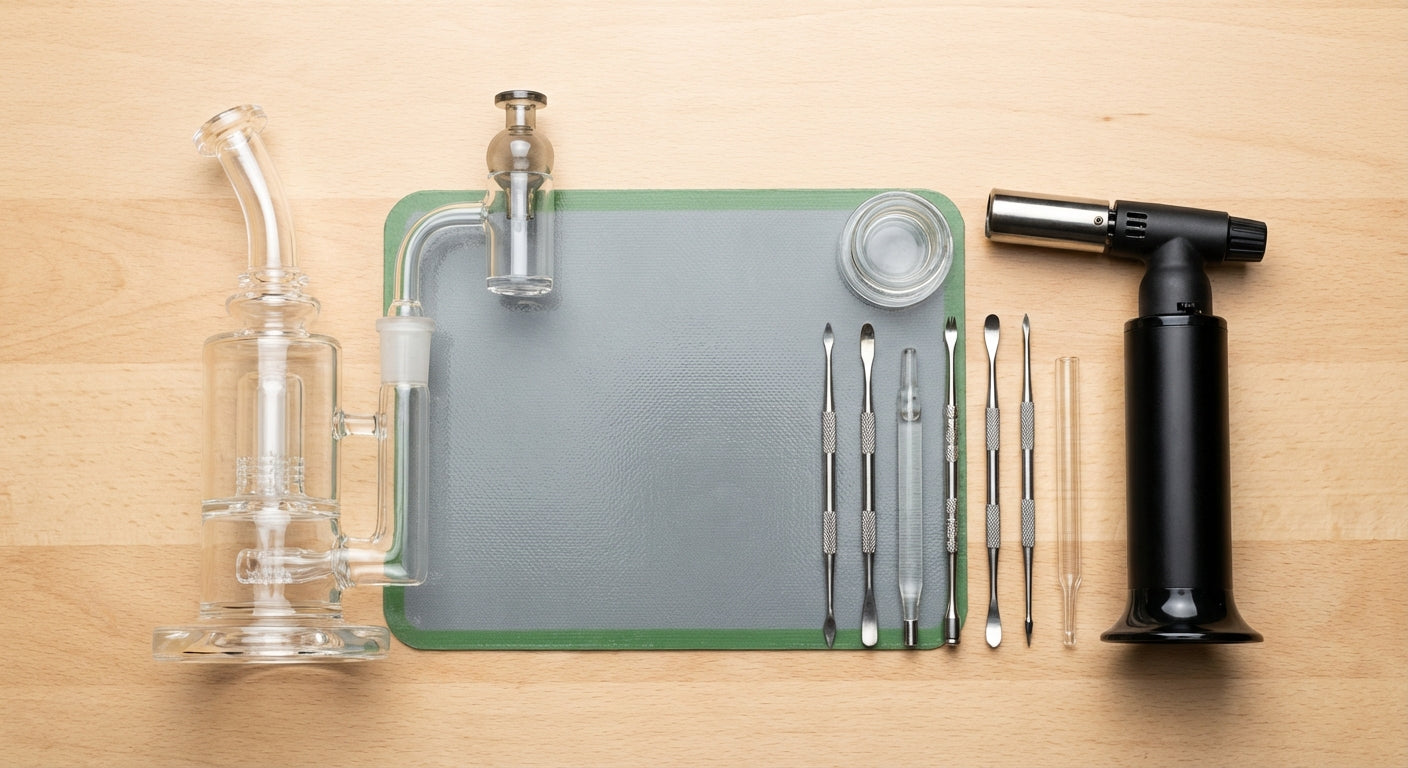 Overhead shot of a clean dab station with rig, dab pad, tools, and torch laid out neatly